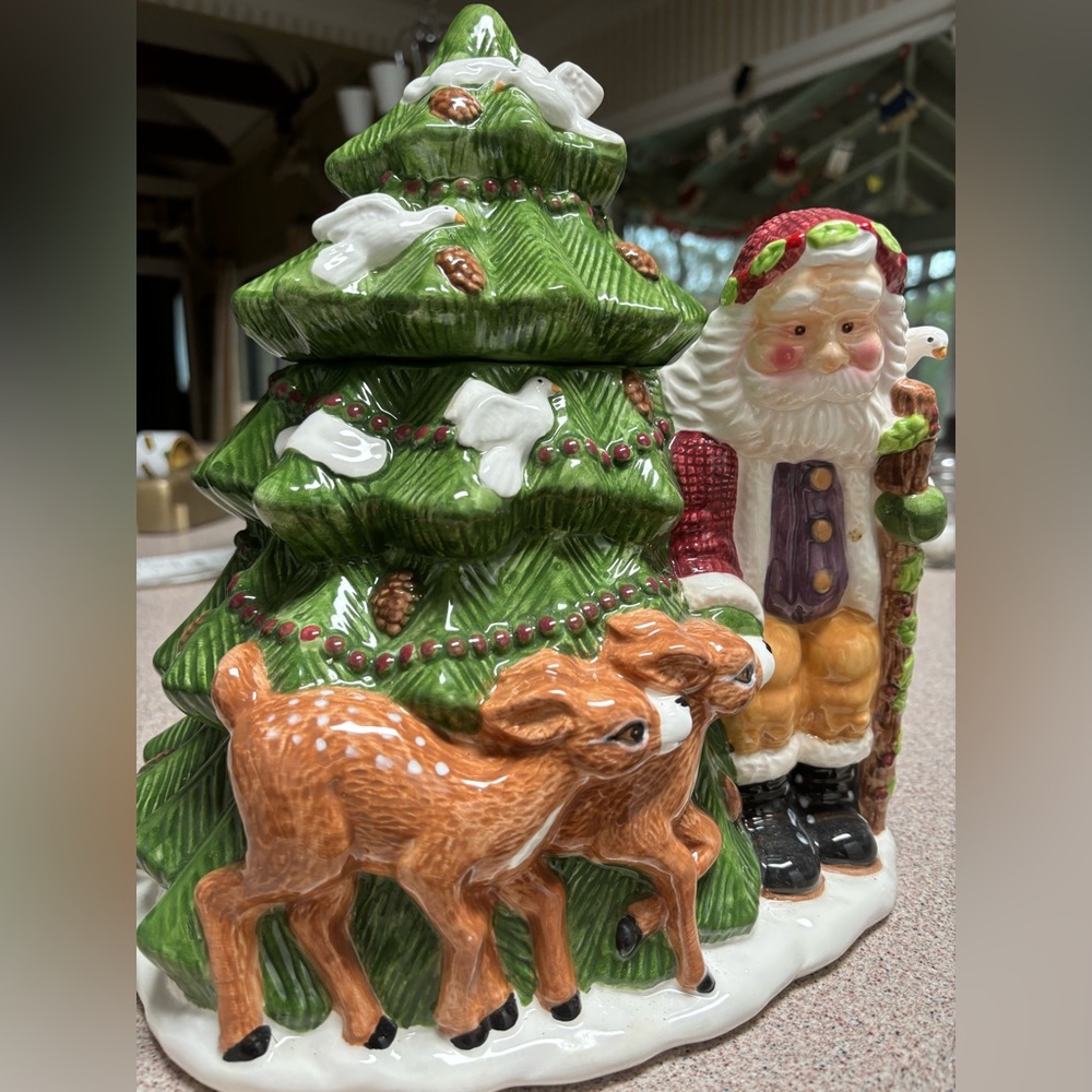 Festive Santa and Deer Holiday Ceramic Cookie Jar adorned with White Doves.